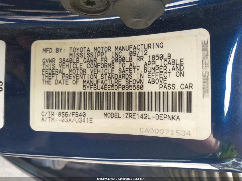 2013 TOYOTA COROLLA VIN: 5YFBU4EE5DP095580