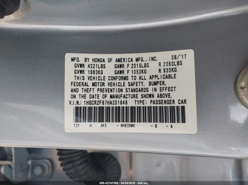 2017 HONDA ACCORD VIN: 1HGCR2F87HA251648
