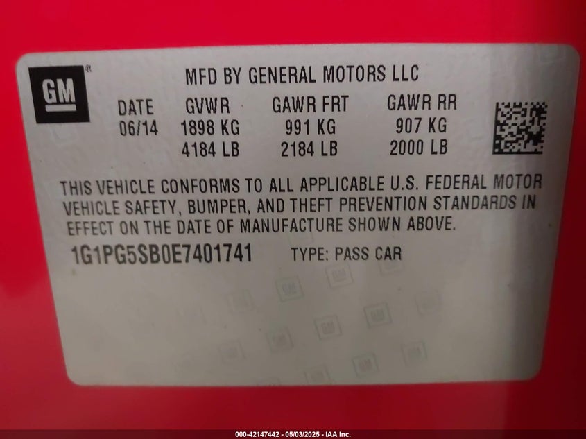 2014 CHEVROLET CRUZE VIN: 1G1PG5SB0E7401741