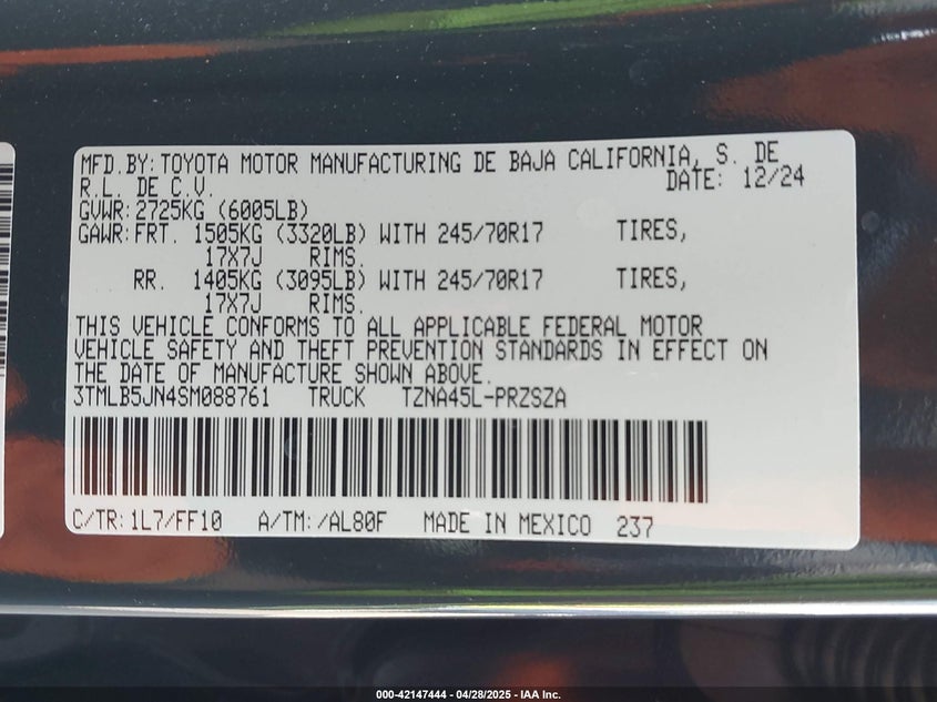 2025 TOYOTA TACOMA VIN: 3TMLB5JN4SM088761