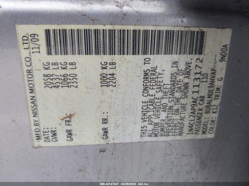 2010 NISSAN ALTIMA HYBRID VIN: 1N4CL2AP9AC113172