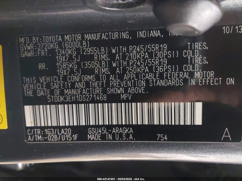 2013 TOYOTA HIGHLANDER VIN: 5TDDK3EH1DS271468