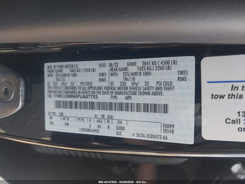 VIN 1FMCU9MN6PUA87753 2023 FORD ESCAPE ST-LINE