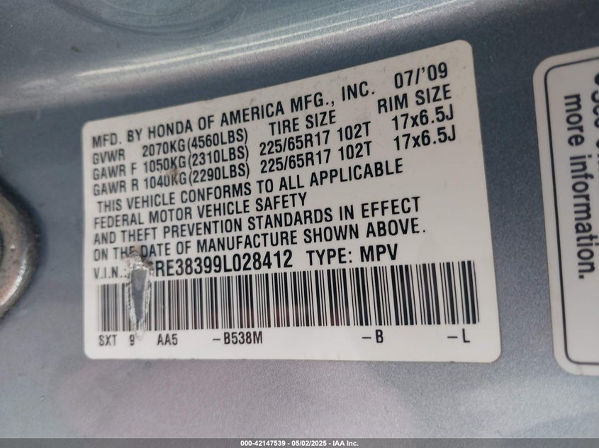 2009 HONDA CR-V VIN: 5J6RE38399L028412