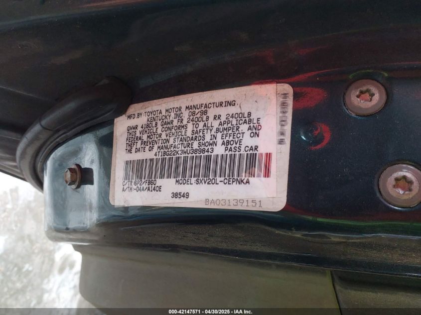 1998 Toyota Camry Le VIN: 4T1BG22K3WU389843 Lot: 42147571