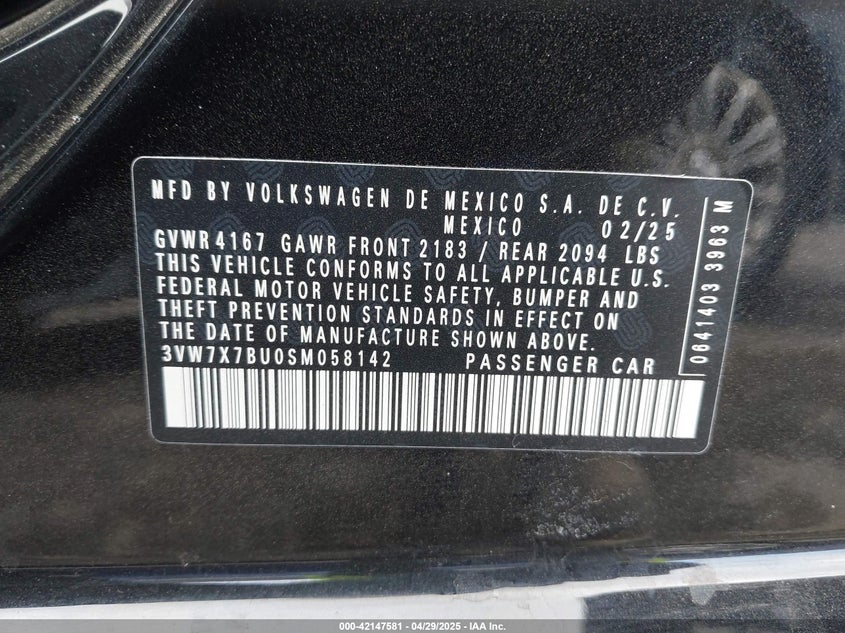 2025 VOLKSWAGEN JETTA VIN: 3VW7X7BU0SM058142