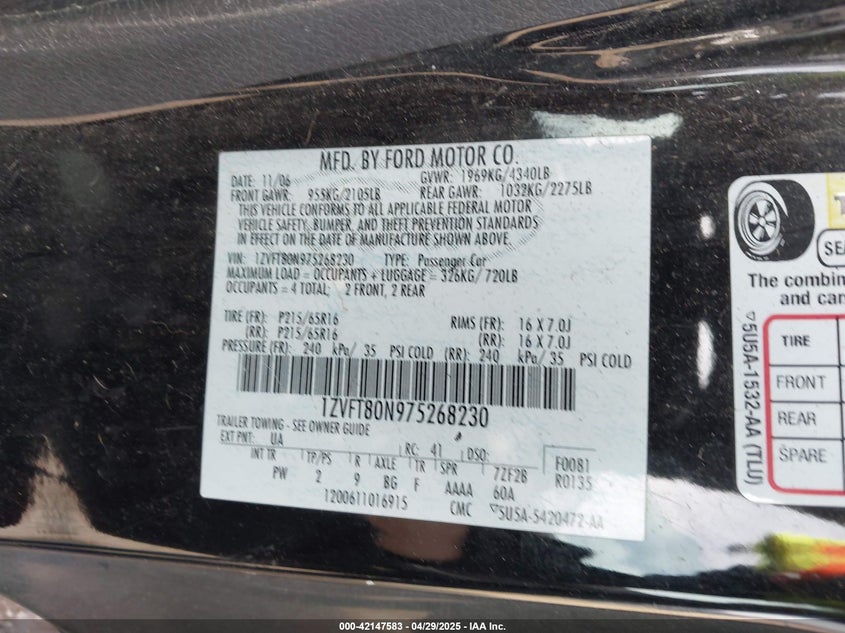 2007 FORD MUSTANG VIN: 1ZVFT80N975268230