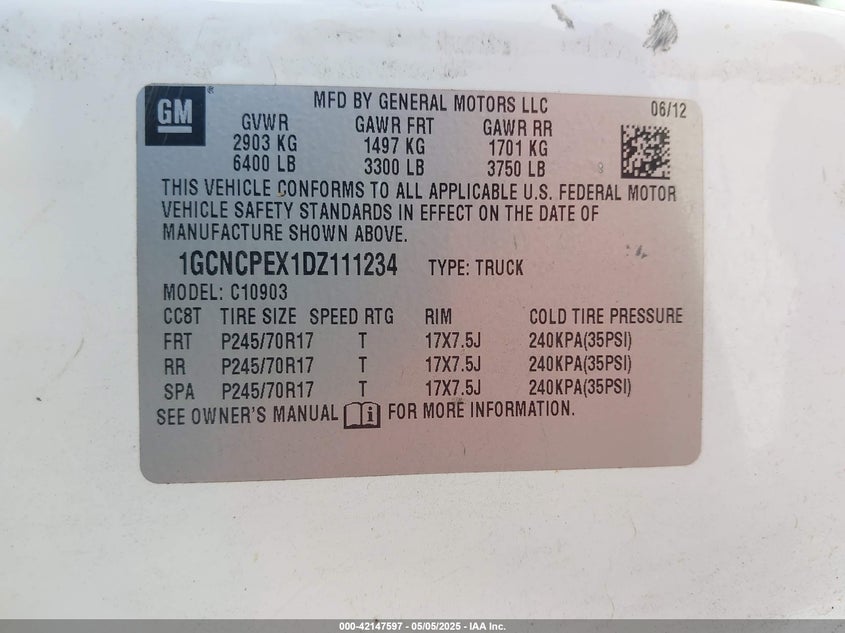 2013 CHEVROLET SILVERADO 1500 VIN: 1GCNCPEX1DZ111234