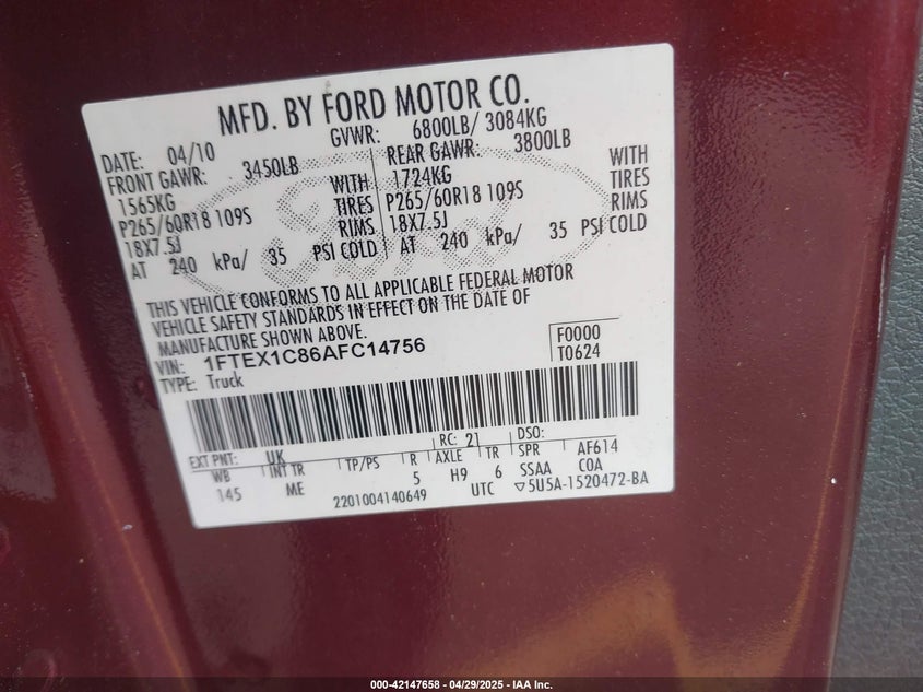 2010 FORD F-150 VIN: 1FTEX1C86AFC14756