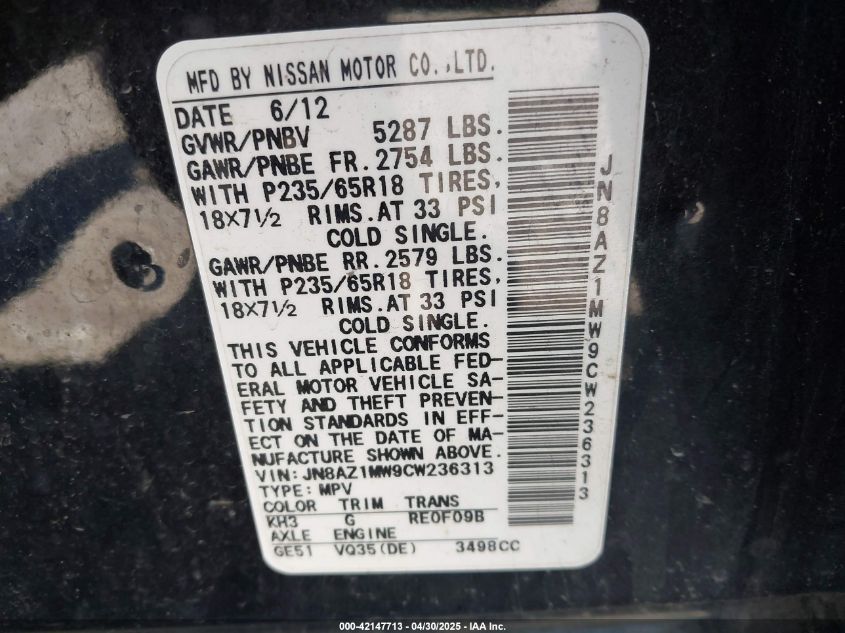 2012 Nissan Murano S VIN: JN8AZ1MW9CW236313 Lot: 42147713