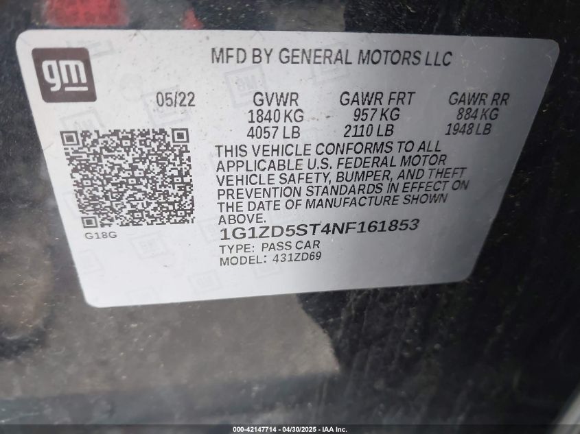 2022 Chevrolet Malibu Fwd Lt VIN: 1G1ZD5ST4NF161853 Lot: 42147714