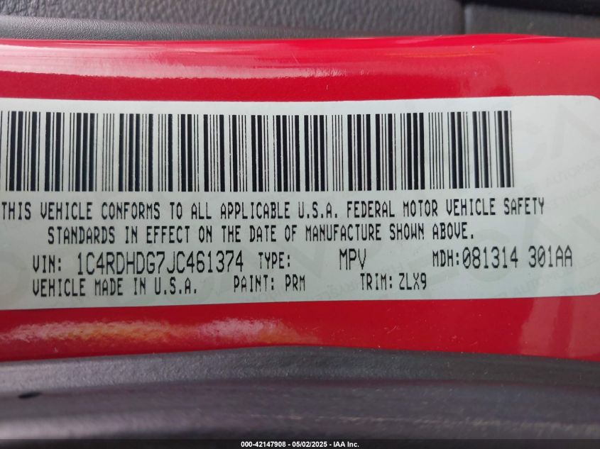 2018 Dodge Durango Gt Rwd VIN: 1C4RDHDG7JC461374 Lot: 42147908