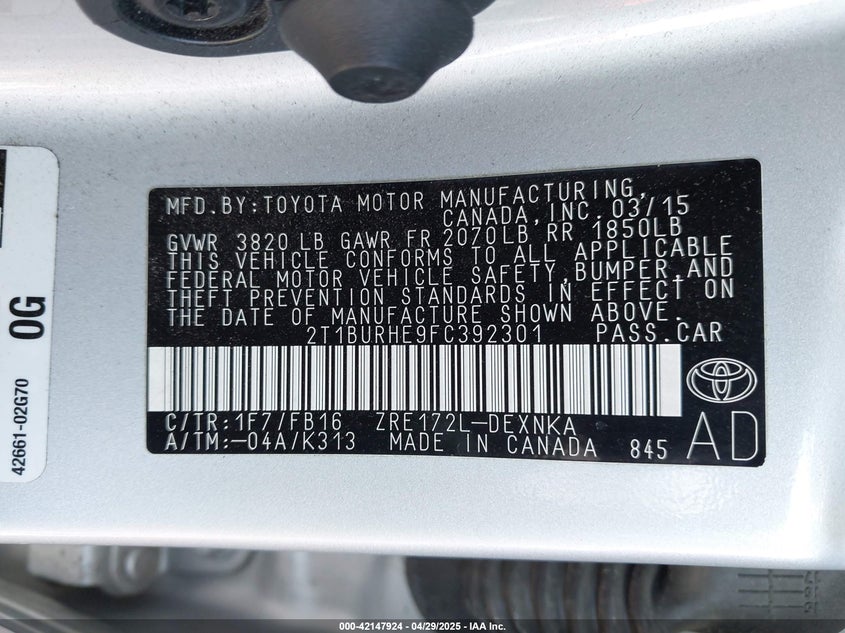 2015 TOYOTA COROLLA VIN: 2T1BURHE9FC392301