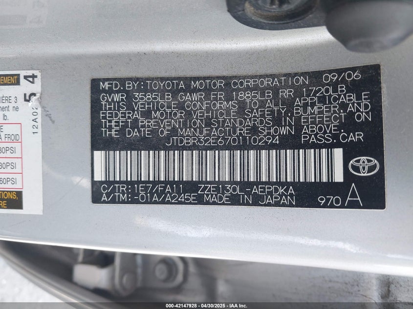 2007 TOYOTA COROLLA VIN: JTDBR32E670110294