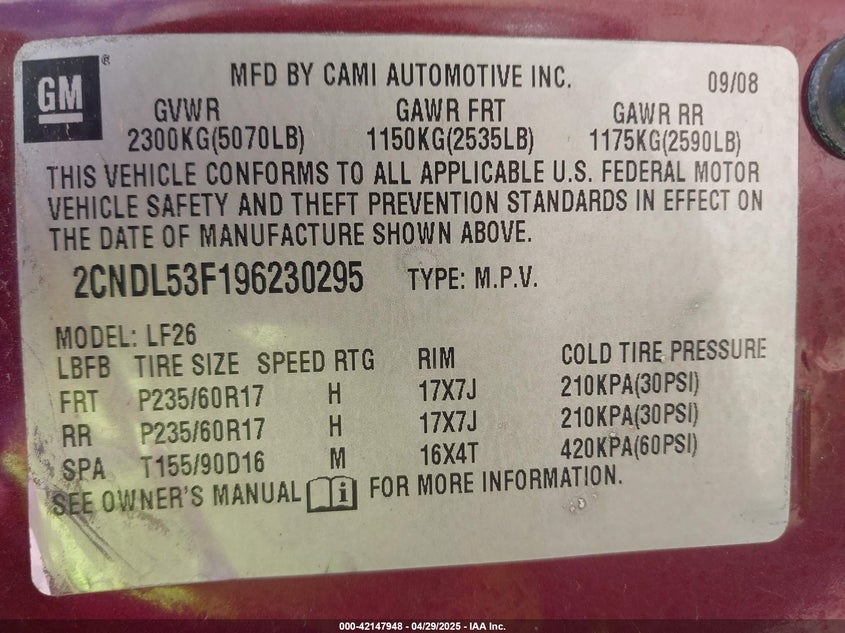 2009 CHEVROLET EQUINOX VIN: 2CNDL53F196230295