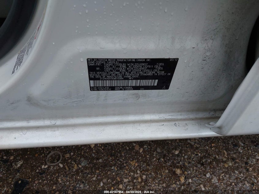 2012 TOYOTA RAV4 VIN: 2T3YK4DV9CW015994