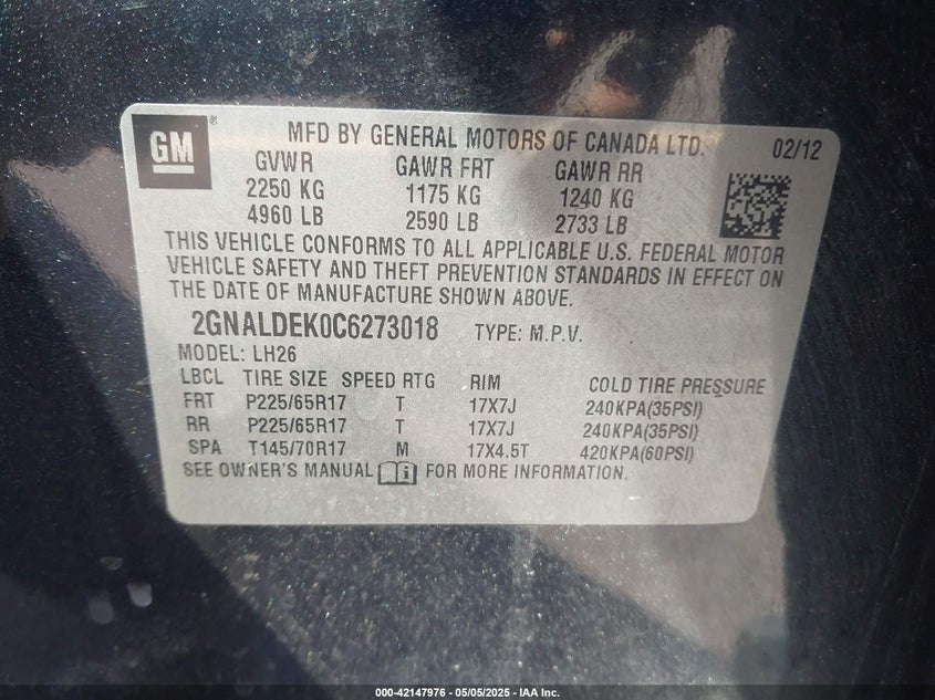 2012 CHEVROLET EQUINOX VIN: 2GNALDEK0C6273018