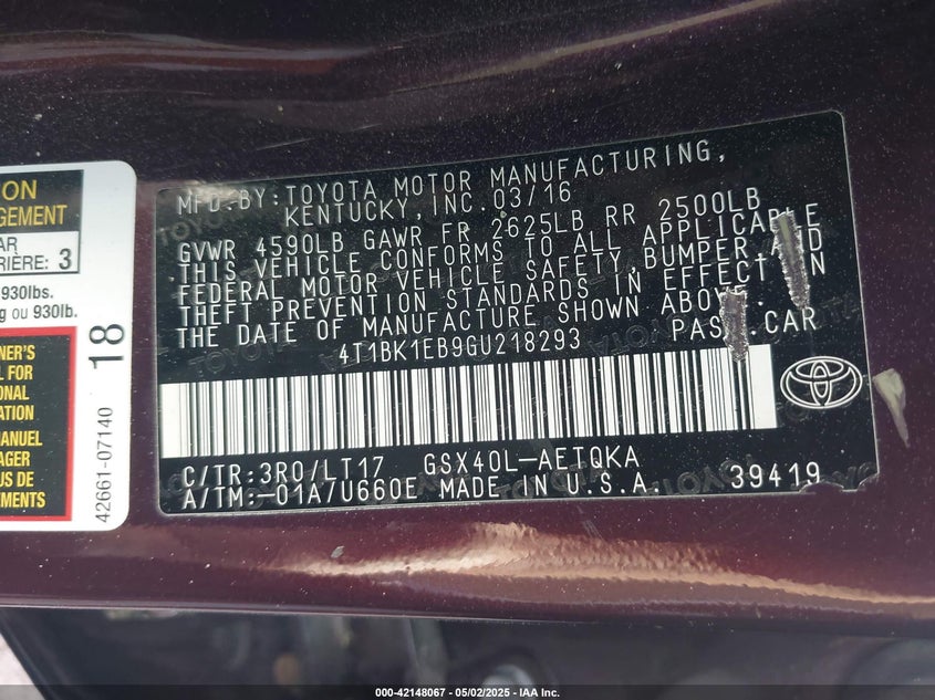 2016 TOYOTA AVALON VIN: 4T1BK1EB9GU218293