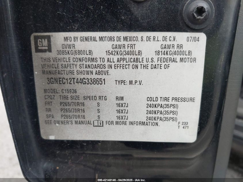 2004 Chevrolet Avalanche 1500 VIN: 3GNEC12T44G338651 Lot: 42148146