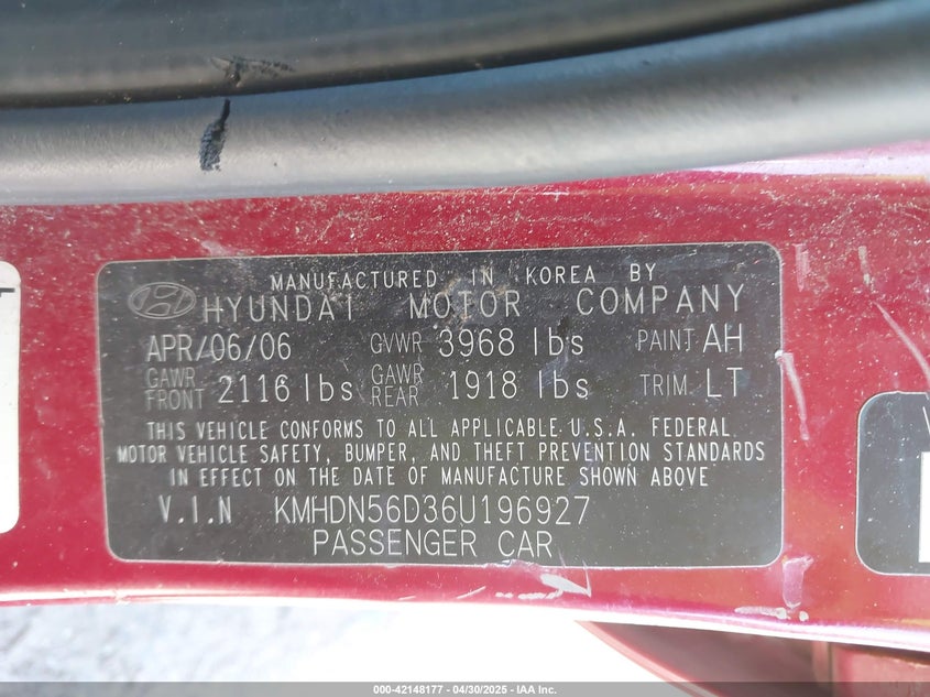 2006 HYUNDAI ELANTRA VIN: KMHDN56D36U196927