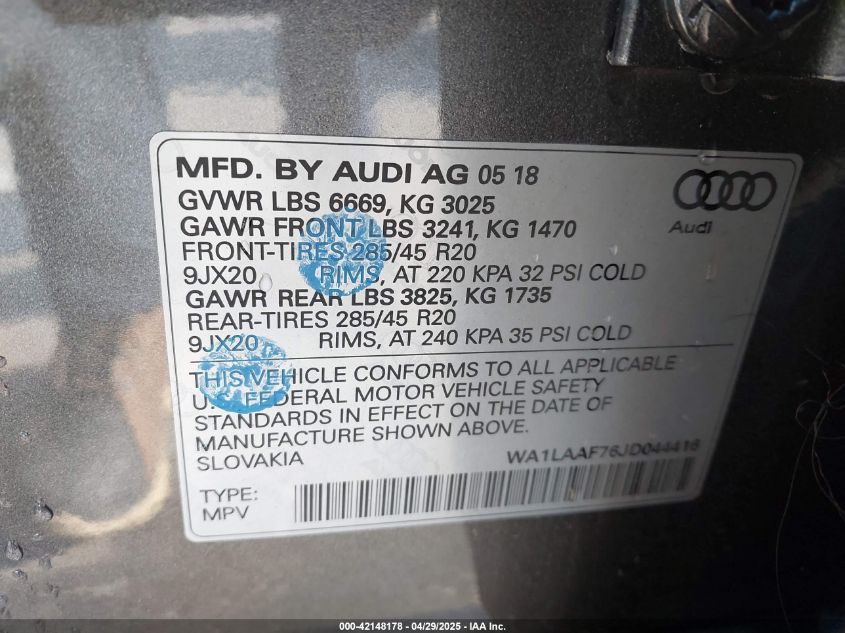 2018 Audi Q7 3.0T Premium VIN: WA1LAAF76JD044416 Lot: 42148178