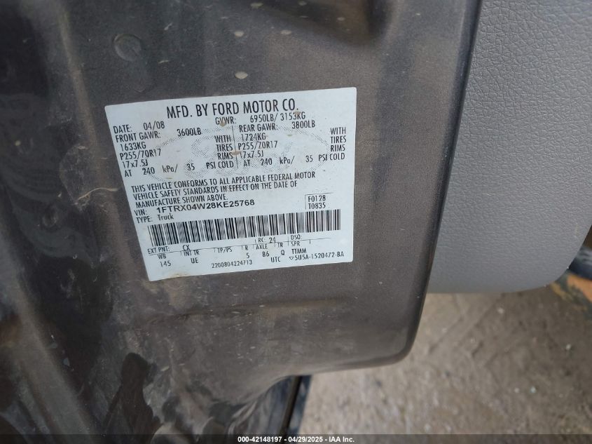 2008 Ford F-150 Stx/Xlt VIN: 1FTRX04W28KE25768 Lot: 42148197