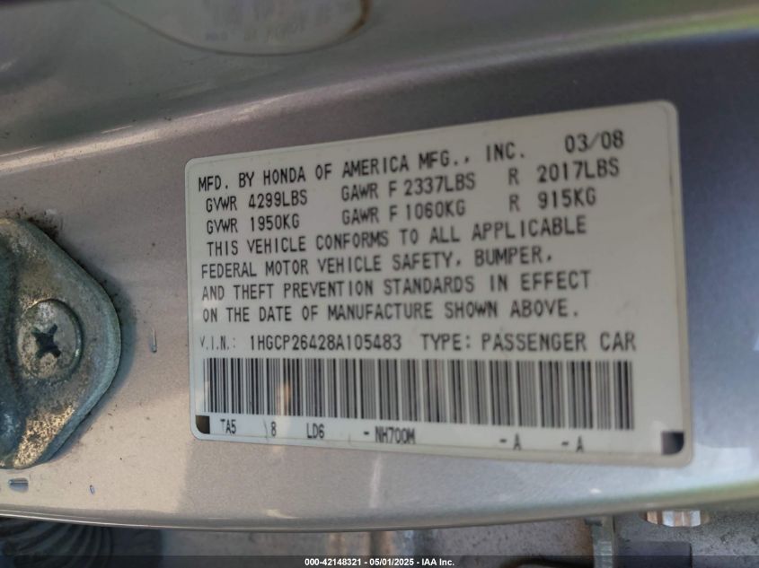 2008 Honda Accord 2.4 Lx-P VIN: 1HGCP26428A105483 Lot: 42148321