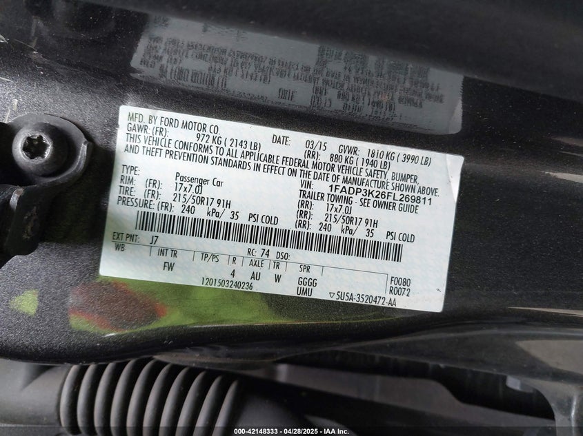 2015 FORD FOCUS VIN: 1FADP3K26FL269811