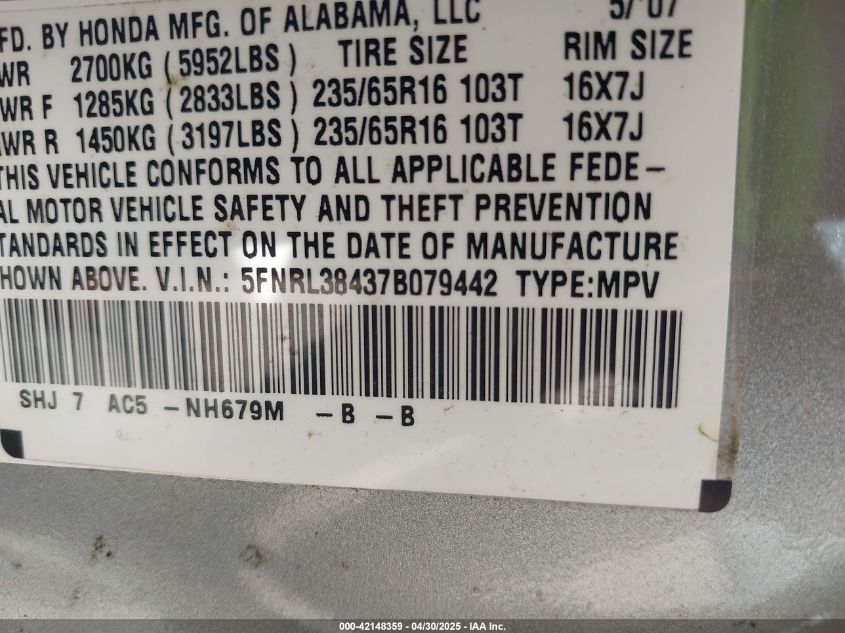 2007 Honda Odyssey Ex VIN: 5FNRL38437B079442 Lot: 42148359