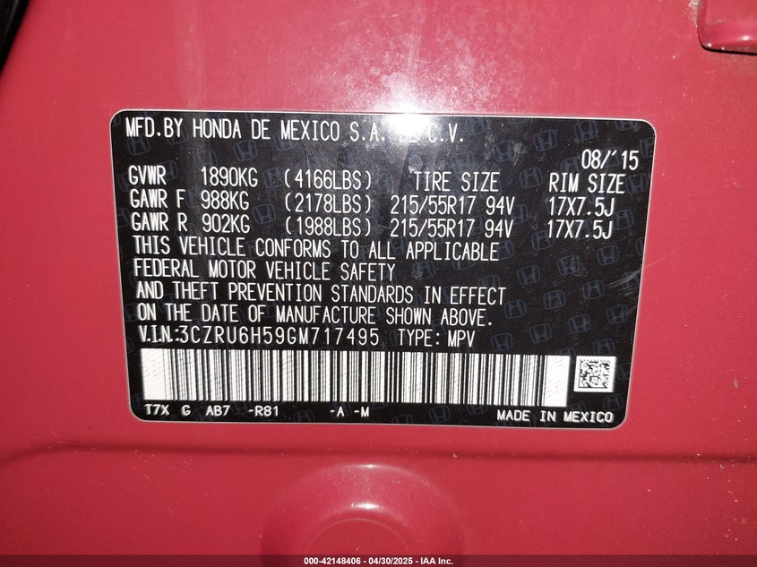 2016 HONDA HR-V EX - 3CZRU6H59GM717495