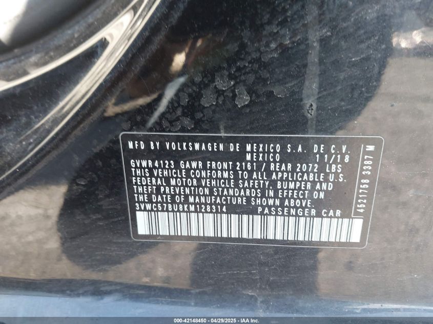 2019 Volkswagen Jetta 1.4T R-Line/1.4T S/1.4T Se VIN: 3VWC57BU8KM128314 Lot: 42148450