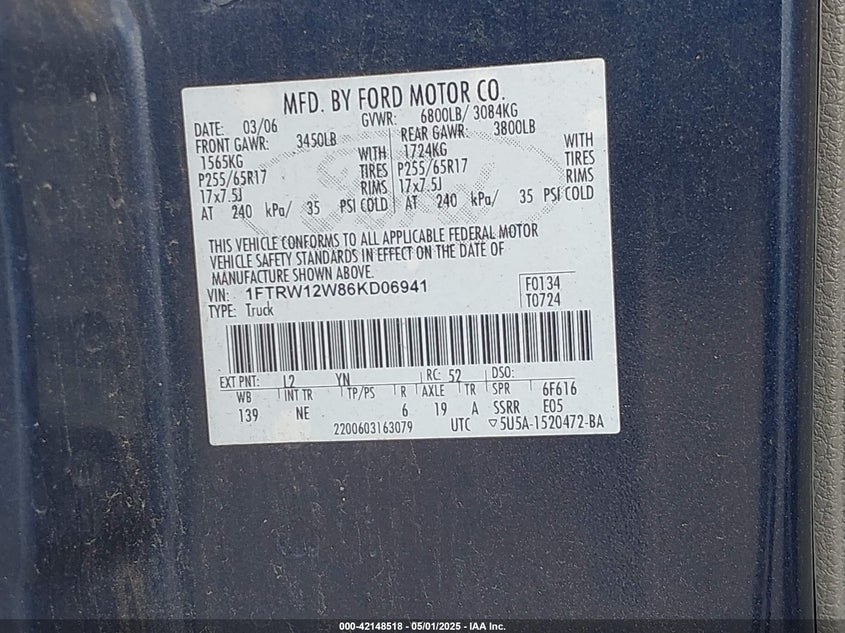 2006 FORD F-150 VIN: 1FTRW12W86KD06941
