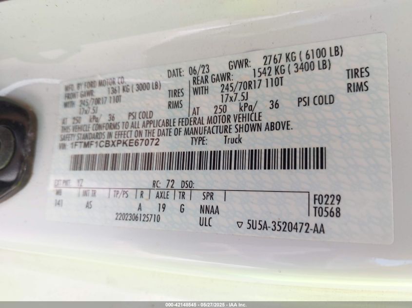 2023 Ford F-150 Xl VIN: 1FTMF1CBXPKE67072 Lot: 42148545