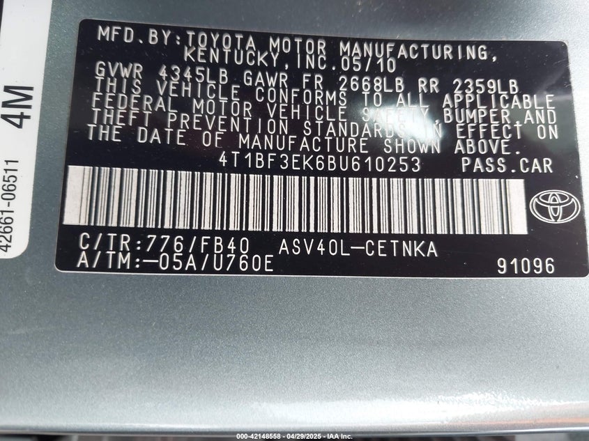 2011 TOYOTA CAMRY VIN: 4T1BF3EK6BU610253