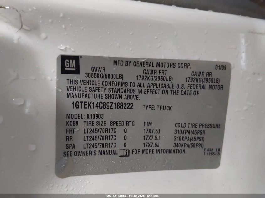 2009 GMC Sierra 1500 Work Truck VIN: 1GTEK14C89Z188222 Lot: 42148582