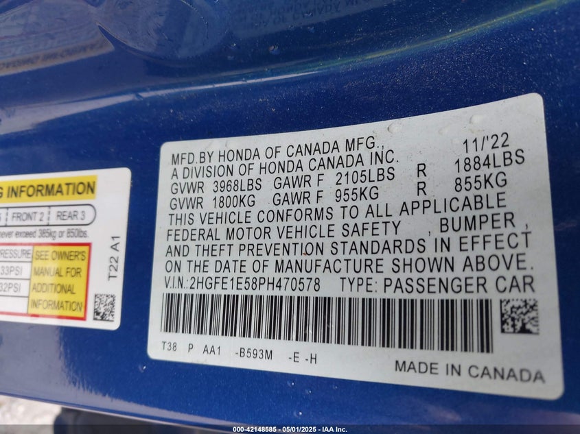 2023 Honda Civic 1.5 Sedan Blue Lot 111042148585 Vin 2HGFE1E58PH470578