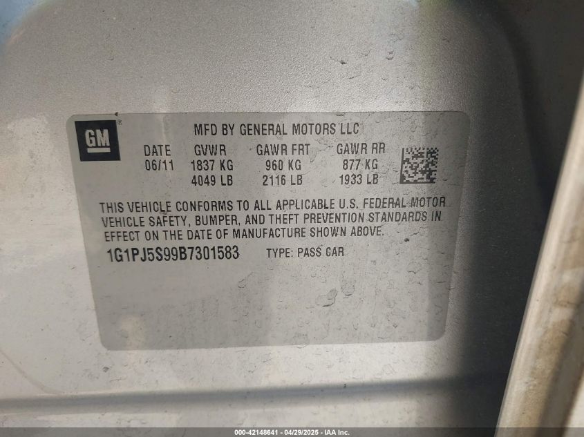 2011 Chevrolet Cruze Eco VIN: 1G1PJ5S99B7301583 Lot: 42148641