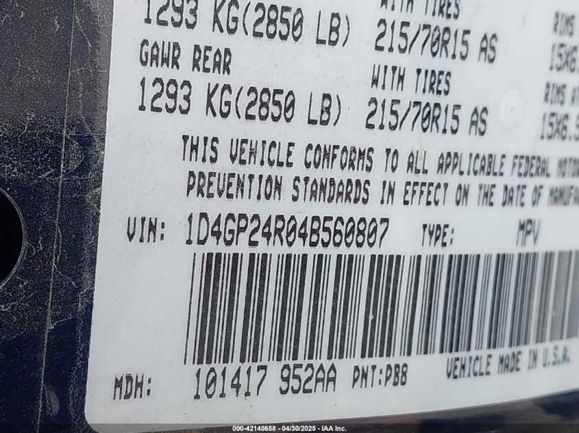 2004 Dodge Grand Caravan Se VIN: 1D4GP24R04B560807 Lot: 42148658
