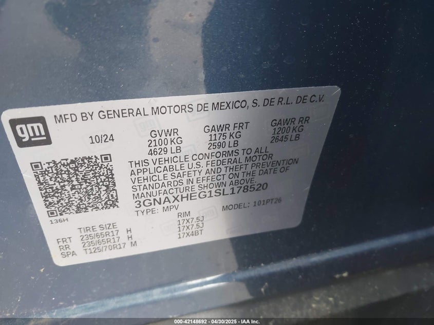 2025 CHEVROLET EQUINOX VIN: 3GNAXHEG1SL178520