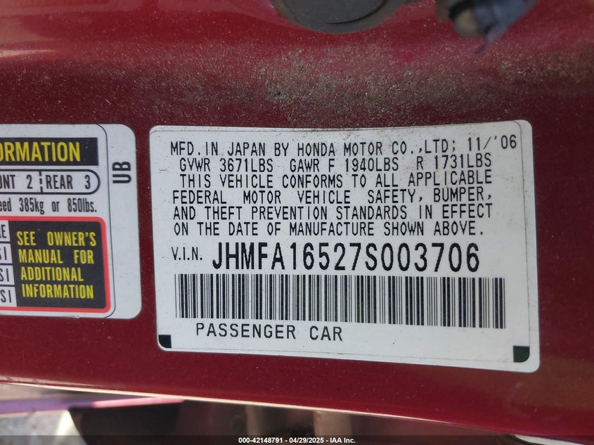 2007 HONDA CIVIC VIN: JHMFA16527S003706