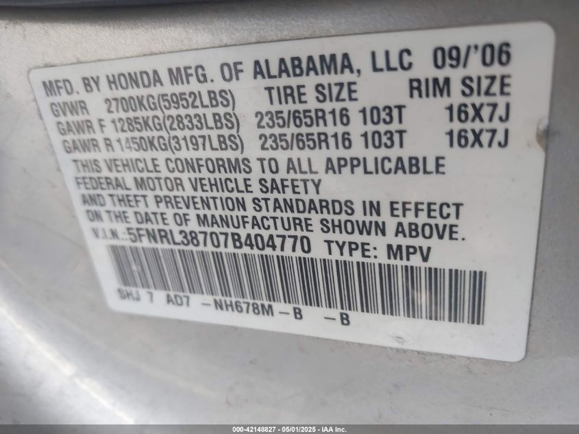 2007 Honda Odyssey Ex-L VIN: 5FNRL38707B404770 Lot: 42148827