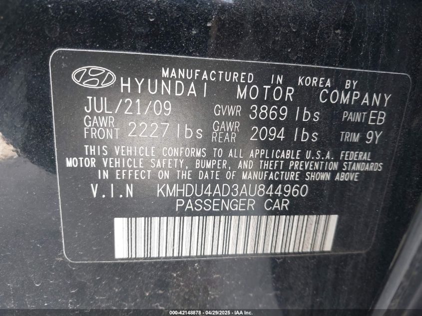 2010 Hyundai Elantra Gls VIN: KMHDU4AD3AU844960 Lot: 42148878