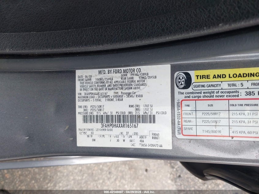 2010 FORD FUSION VIN: 3FAHP0HAXAR165167