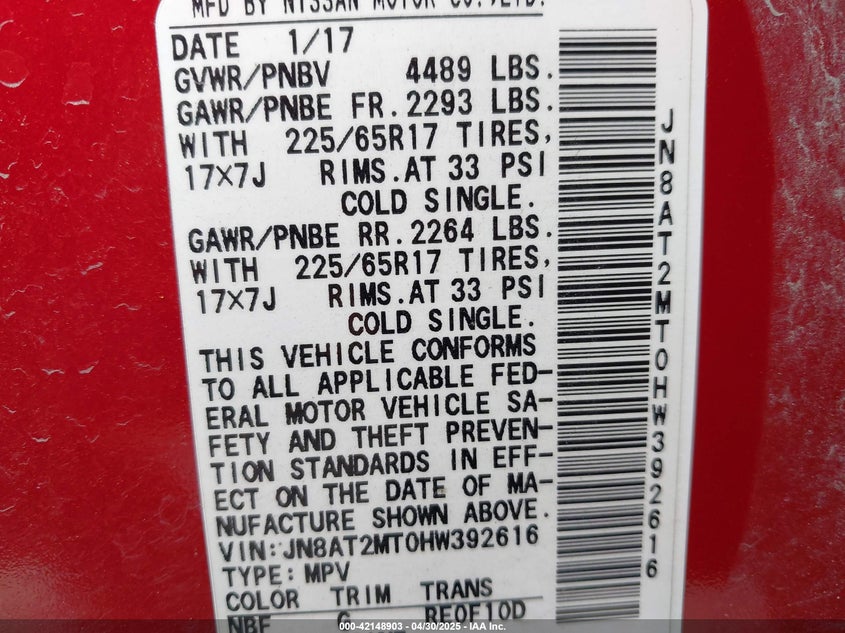 2017 NISSAN ROGUE VIN: JN8AT2MT0HW392616