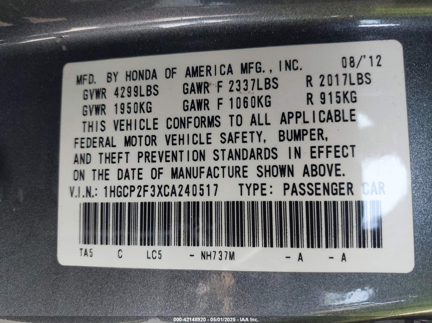 2012 HONDA ACCORD VIN: 1HGCP2F3XCA240517