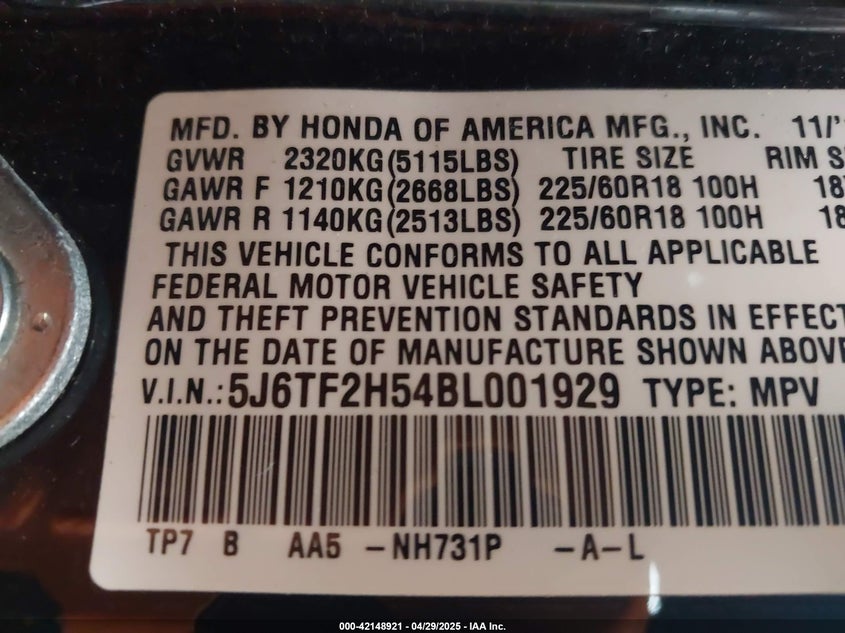 2011 HONDA ACCORD CROSSTOUR VIN: 5J6TF2H54BL001929
