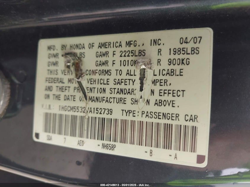 2007 HONDA ACCORD VIN: 1HGCM55327A152739