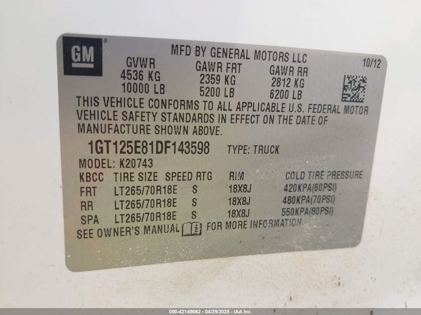 2013 GMC Sierra 2500Hd Denali VIN: 1GT125E81DF143598 Lot: 42149062