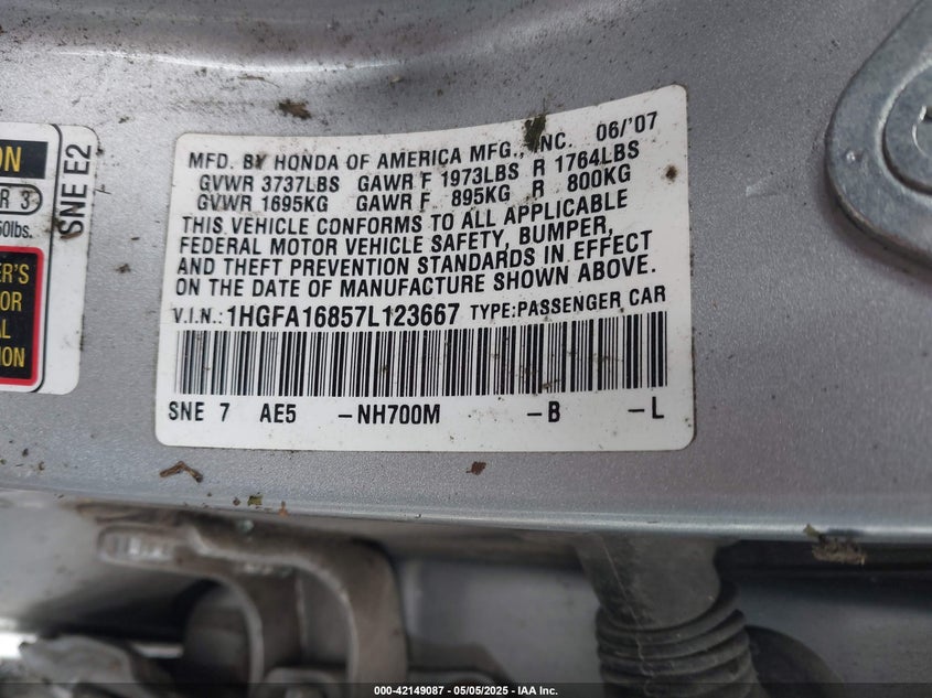 2007 HONDA CIVIC SDN VIN: 1HGFA16857L123667