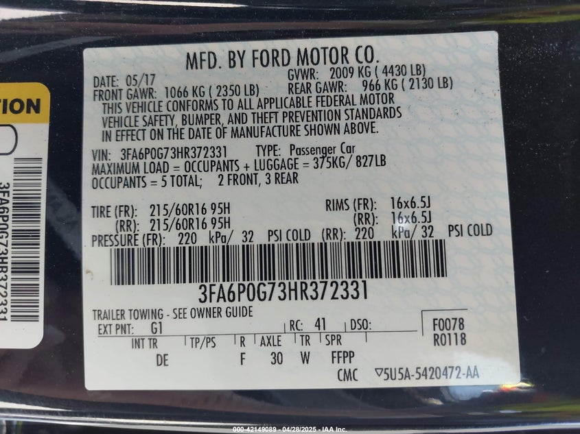 2017 FORD FUSION VIN: 3FA6P0G73HR372331